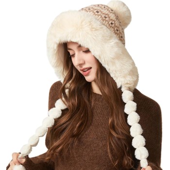 HUAMULAN Women's Winter Earflap Beanie, Fleece Lined, 3 Pom Poms, Ponytail Friendly, Beige Floral Warm Ski Hat