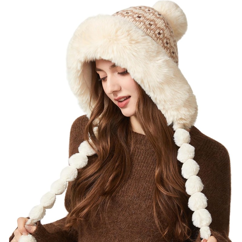 HUAMULAN Women's Beige Floral Fleece Lined Winter Ski Beanie HUAMULAN Beige Floral Fleece Lined Earflap Beanie with 3 Pom Poms