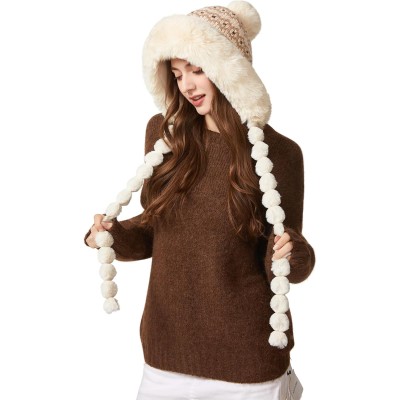 HUAMULAN Women's Beige Floral Fleece Lined Winter Ski Beanie HUAMULAN Beige Floral Fleece Lined Earflap Beanie with 3 Pom Poms