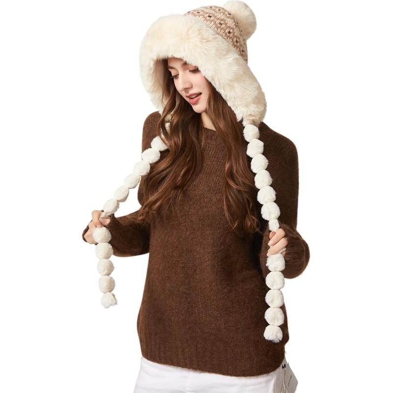 HUAMULAN Women's Beige Floral Fleece Lined Winter Ski Beanie HUAMULAN Beige Floral Fleece Lined Earflap Beanie with 3 Pom Poms