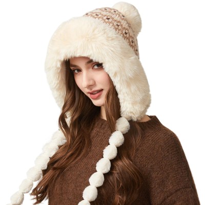 HUAMULAN Women's Beige Floral Fleece Lined Winter Ski Beanie HUAMULAN Beige Floral Fleece Lined Earflap Beanie with 3 Pom Poms