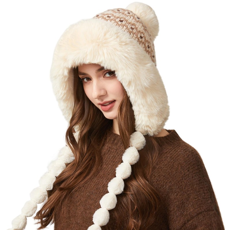 HUAMULAN Women's Beige Floral Fleece Lined Winter Ski Beanie HUAMULAN Beige Floral Fleece Lined Earflap Beanie with 3 Pom Poms