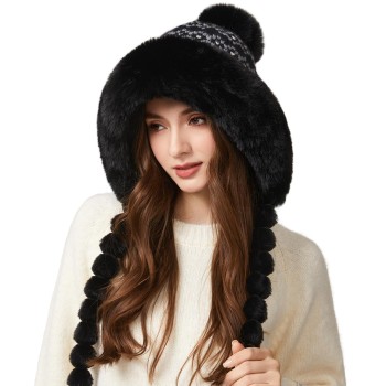 HUAMULAN Women’s Winter Beanie Fleece Lined Earflap Ponytail Black Floral Pom Pom Ski Hat One Size