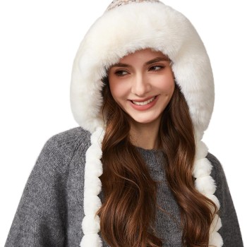 HUAMULAN Women's Warm Winter Beanie Fleece Lined Earflap 3 Pom Poms Ponytail Cream Floral Ski Hat