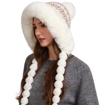 HUAMULAN Women's Warm Winter Beanie Fleece Lined Earflap 3 Pom Poms Ponytail Cream Floral Ski Hat