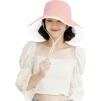 HUAMULAN Women's Pink Floral Wide Brim Bucket Hat Reversible Foldable UV Protection Summer Beach Sun Hat