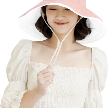 HUAMULAN Women's Pink Floral Wide Brim Bucket Hat Reversible Foldable UV Protection Summer Beach Sun Hat