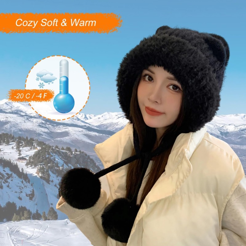 HUAMULAN Women's Winter Sherpa Beanie Ski Hat HUAMULAN women's winter sherpa beanie with ear flaps and pom pom