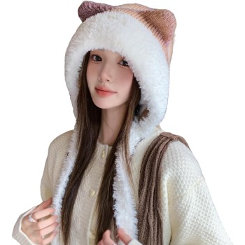 HUAMULAN Women's Winter Knit Sherpa Beanie with Braid, Ear Flaps, Ponytail, One Size Khaki White Ski Hat
