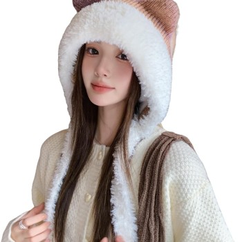 HUAMULAN Women's Winter Knit Sherpa Beanie with Braid, Ear Flaps, Ponytail, One Size Khaki White Ski Hat
