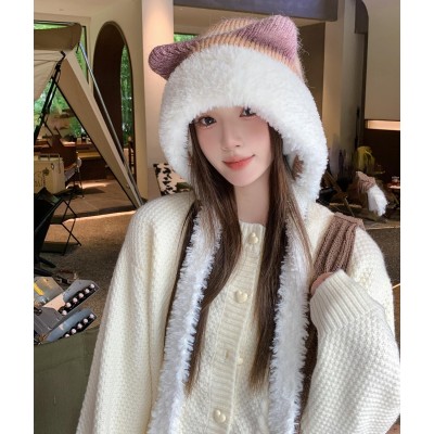 HUAMULAN Women's Winter Knit Sherpa Beanie Ski Hat HUAMULAN Women's Khaki White Sherpa Beanie with Braid and Ear Flaps