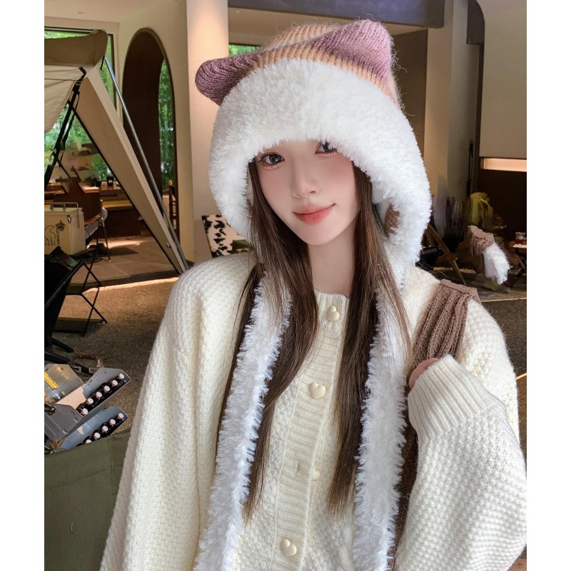 HUAMULAN Women's Winter Knit Sherpa Beanie Ski Hat HUAMULAN Women's Khaki White Sherpa Beanie with Braid and Ear Flaps