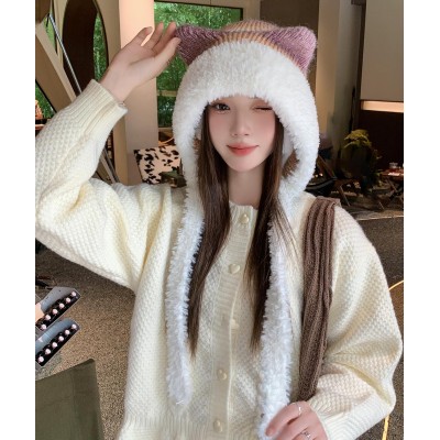 HUAMULAN Women's Winter Knit Sherpa Beanie Ski Hat HUAMULAN Women's Khaki White Sherpa Beanie with Braid and Ear Flaps