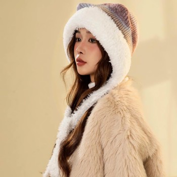 HUAMULAN Women's Winter Sherpa Beanie, Ear Flap Knit Hat, Ponytail-Friendly Purple White Ski Snow Hat