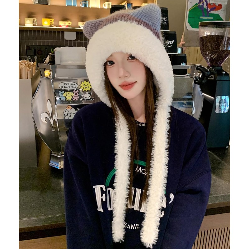 HUAMULAN Women's Winter Sherpa Beanie Ear Flap Knit Hat HUAMULAN Women's Purple White Sherpa Beanie with Ear Flaps, Ponytail-Friendly Ski Hat