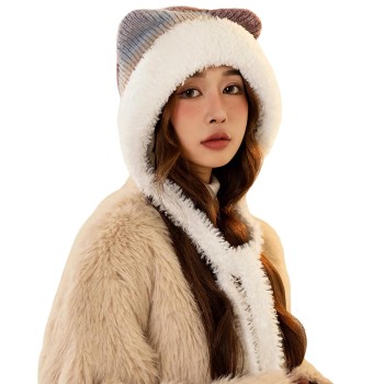 HUAMULAN Women's Winter Sherpa Beanie, Ear Flap Knit Hat, Ponytail-Friendly Purple White Ski Snow Hat