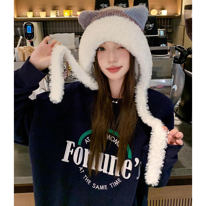 HUAMULAN Women's Winter Sherpa Beanie Ear Flap Knit Hat HUAMULAN Women's Purple White Sherpa Beanie with Ear Flaps, Ponytail-Friendly Ski Hat