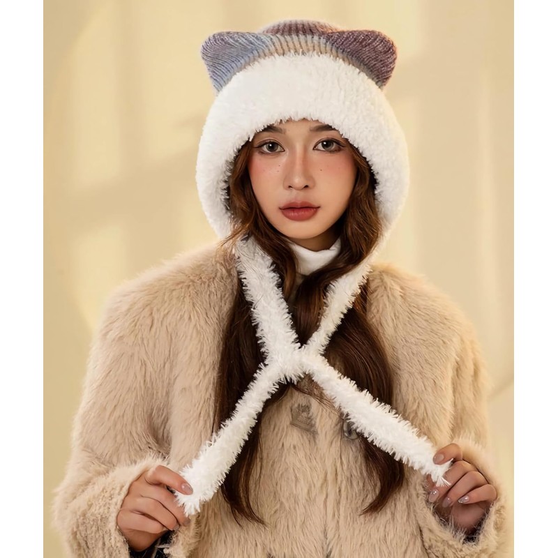 HUAMULAN Women's Winter Sherpa Beanie Ear Flap Knit Hat HUAMULAN Women's Purple White Sherpa Beanie with Ear Flaps, Ponytail-Friendly Ski Hat