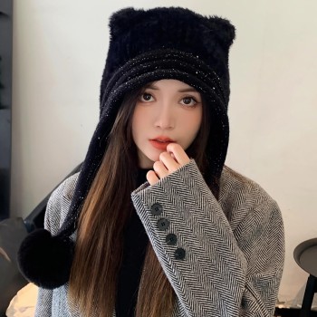 HUAMULAN Women's Winter Sherpa Beanie Ear Flaps Fleece Lined Pom Poms Ponytail Ski Snow Hat Black One Size