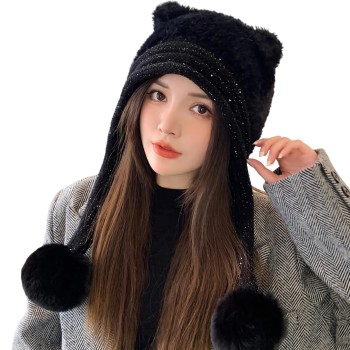 HUAMULAN Women's Winter Sherpa Beanie Ear Flaps Fleece Lined Pom Poms Ponytail Ski Snow Hat Black One Size