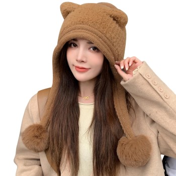 HUAMULAN Women's Winter Sherpa Beanie Fleece Lined Ear Flap Hat with Pom Poms, Ponytail-Friendly One Size