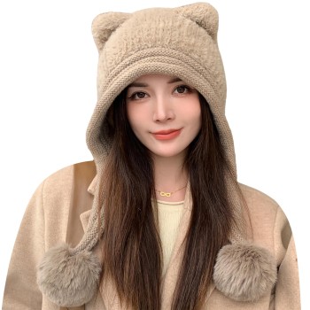HUAMULAN Women's Winter Sherpa Beanie with Ear Flaps Fleece Lined Pom Poms Ponytail Slot Khaki