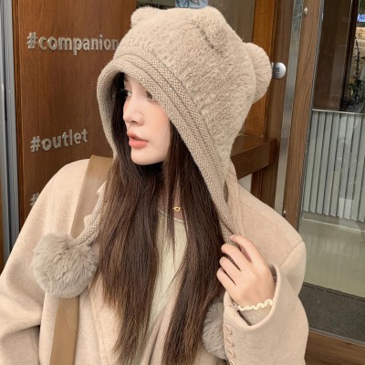 HUAMULAN Women's Khaki Sherpa Beanie with Ear Flaps and Ponytail Slot