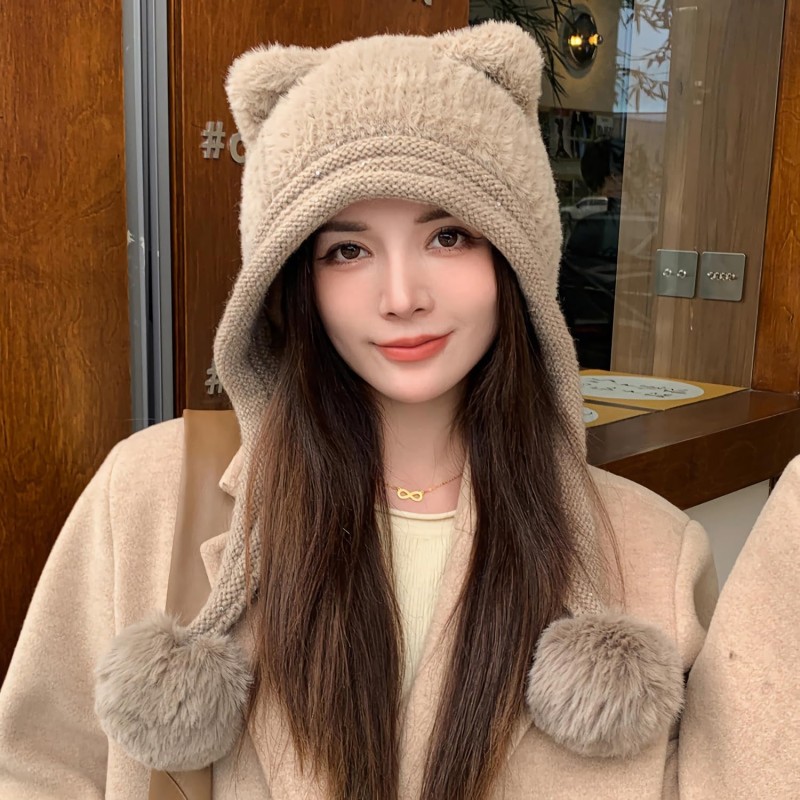 HUAMULAN Women's Khaki Sherpa Beanie with Ear Flaps and Ponytail Slot