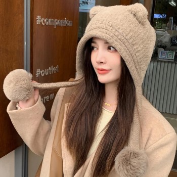 HUAMULAN Women's Winter Sherpa Beanie with Ear Flaps Fleece Lined Pom Poms Ponytail Slot Khaki