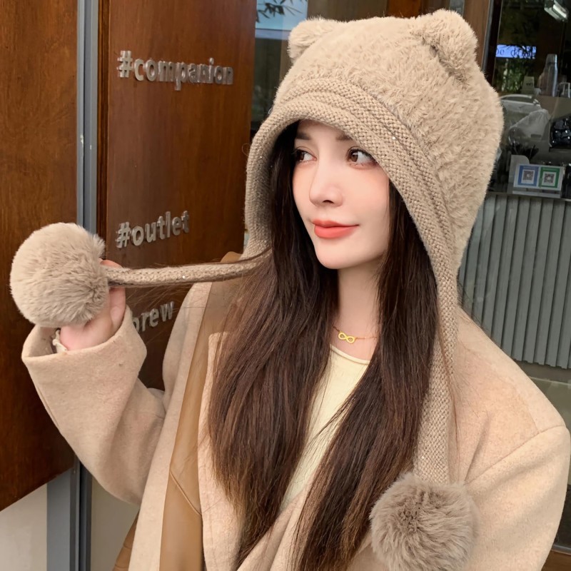 HUAMULAN Women's Khaki Sherpa Beanie with Ear Flaps and Ponytail Slot