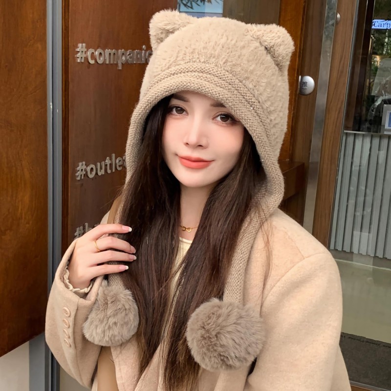 HUAMULAN Women's Khaki Sherpa Beanie with Ear Flaps and Ponytail Slot
