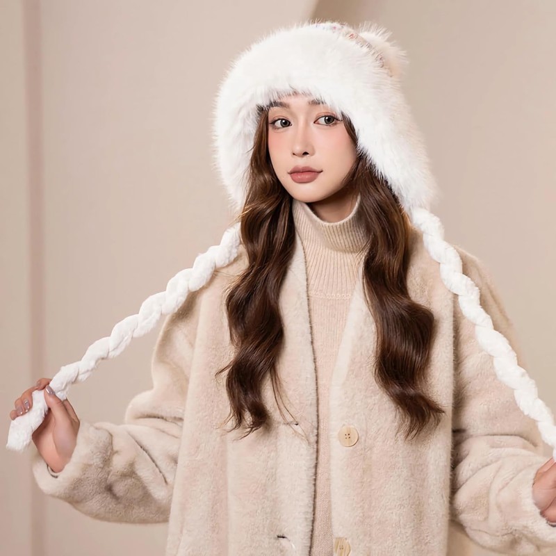 HUAMULAN Women’s White Sherpa Beanie – Ski Snow Hat HUAMULAN Women’s White Winter Sherpa Beanie with Ear Flaps and Pom Poms