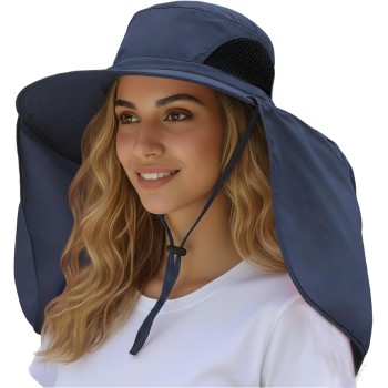 HUAMULAN UPF 50+ Large Brim Sun Hat, Men Women Quick Dry Hiking Fishing Safari Hat with Neck Flap, Navy One Size