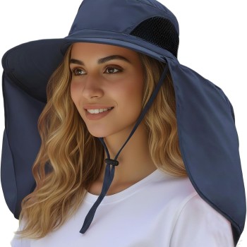 HUAMULAN UPF 50+ Large Brim Sun Hat, Men Women Quick Dry Hiking Fishing Safari Hat with Neck Flap, Navy One Size