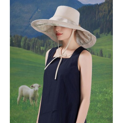 Women's Beige Reversible Wide Brim Sun Hat with Metal Wired Edge