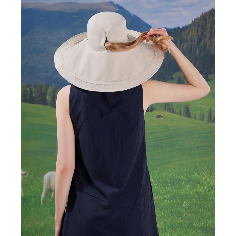 Women's Beige Reversible Wide Brim Sun Hat with Metal Wired Edge