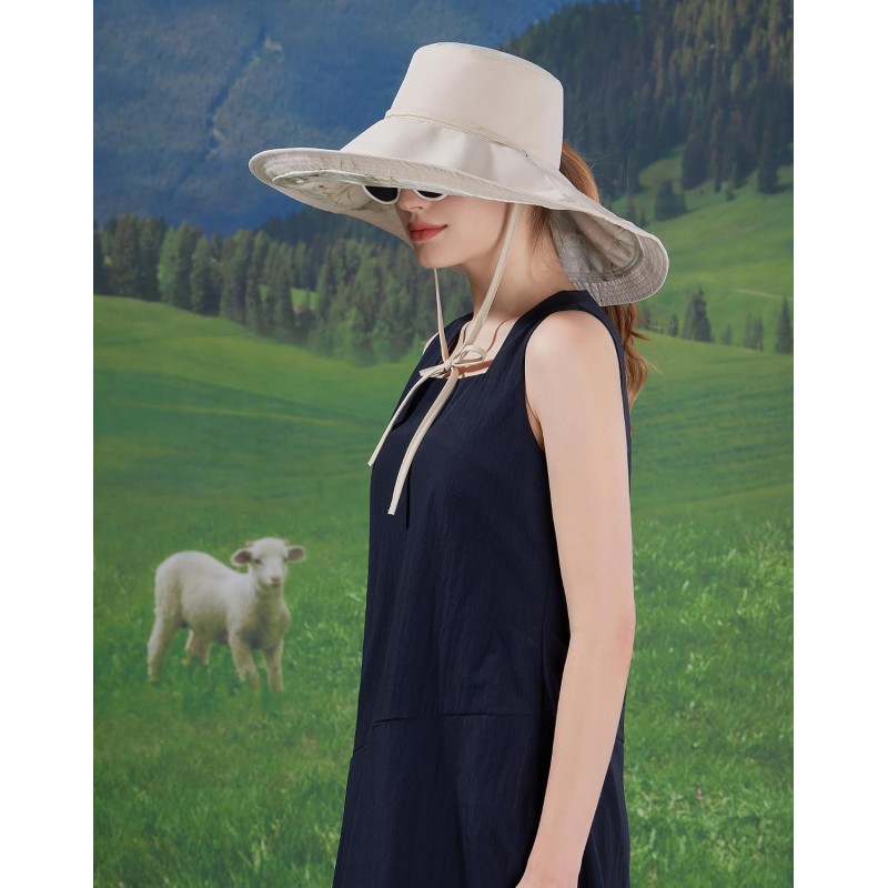 Women's Beige Reversible Wide Brim Sun Hat with Metal Wired Edge