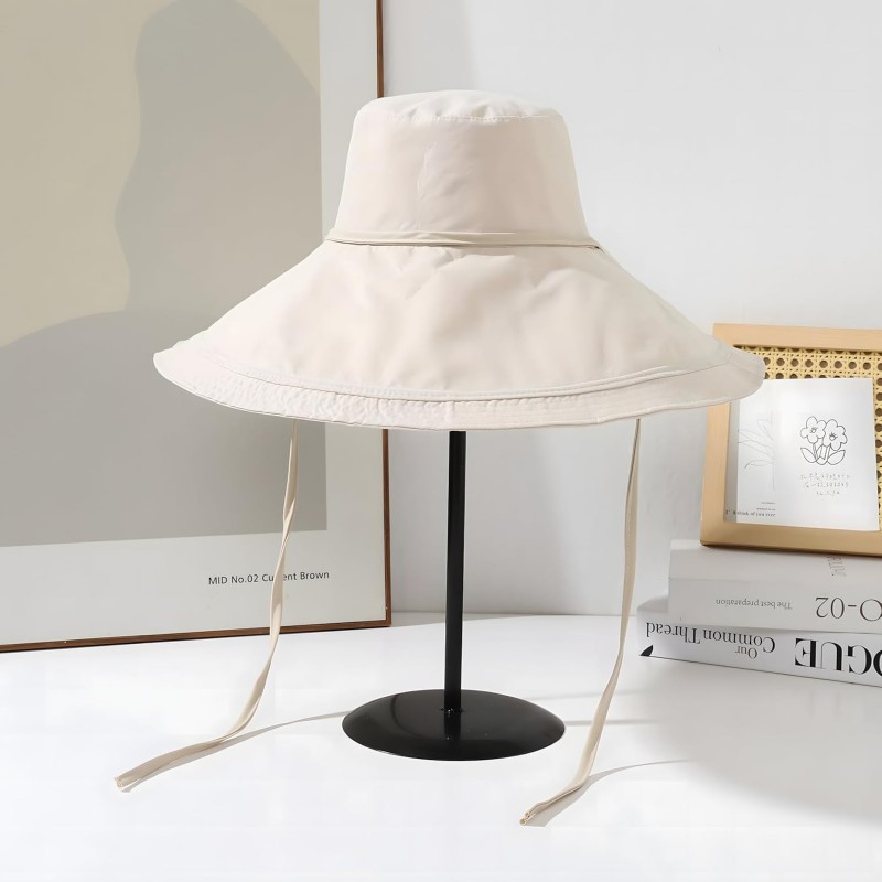 Women's Beige Reversible Wide Brim Sun Hat with Metal Wired Edge