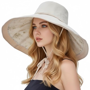Women's Beige Wide Brim Reversible Sun Hat Metal Wired Edge Packable UV Protection for Beach Fishing