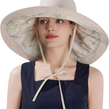 Women's Beige Wide Brim Reversible Sun Hat Metal Wired Edge Packable UV Protection for Beach Fishing
