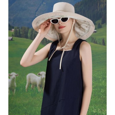Women's Beige Reversible Wide Brim Sun Hat with Metal Wired Edge
