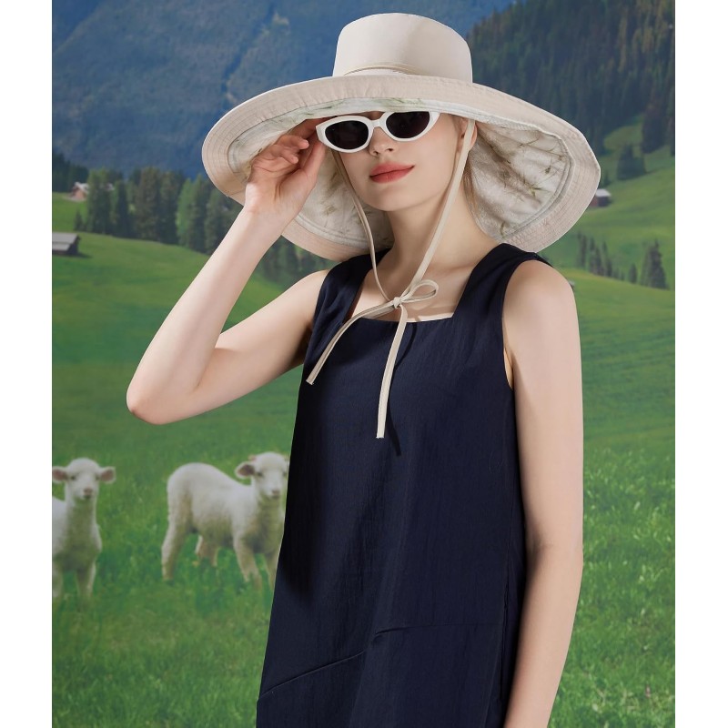 Women's Beige Reversible Wide Brim Sun Hat with Metal Wired Edge