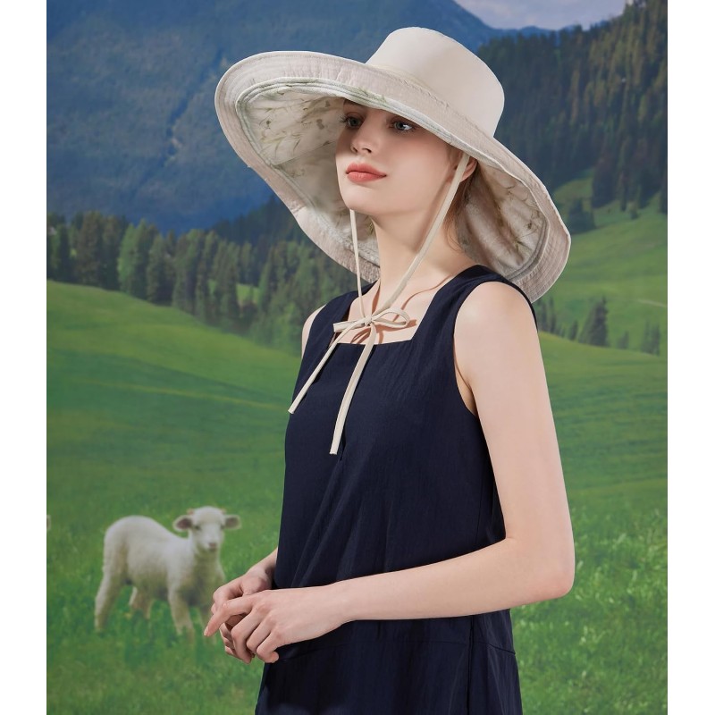 Women's Beige Reversible Wide Brim Sun Hat with Metal Wired Edge