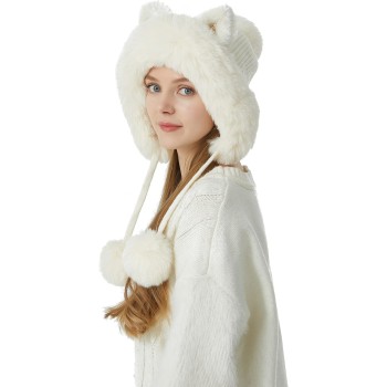 Women’s Winter Peruvian Ear Flap Beanie – Fleece Lined 3 Pom Pom Knit Hat, Cream White, Ponytail Ski Snow Hat