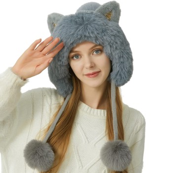 Women's Winter Knit Peruvian Beanie, Ear Flaps, Sherpa Lined, 3 Pom Poms, Ponytail Friendly, Grey, One Size