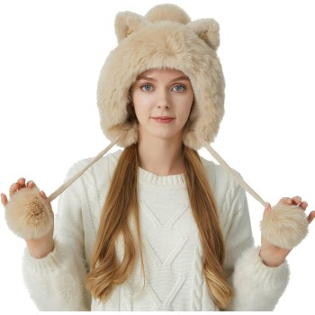 Women's Winter Peruvian Beanie Hat - Ear Flaps, 3 Pom Poms, Fleece Lined, Ponytail Friendly, Beige Ski Snow