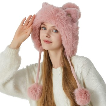 Women's Winter Peruvian Ear Flap Beanie, Fleece Lined 3 Pom Poms, Ponytail Friendly Pink, One Size