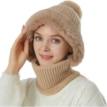 Women’s One-Piece Balaclava Fleece Beanie Hat Neck Scarf, Ski Snow Winter Cold Weather Knit Cap, One Size Fits Most