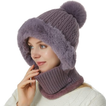 Women's Purple One-Piece Balaclava Beanie Scarf Winter Fleece Lined Ski Hat Cold Weather One Size