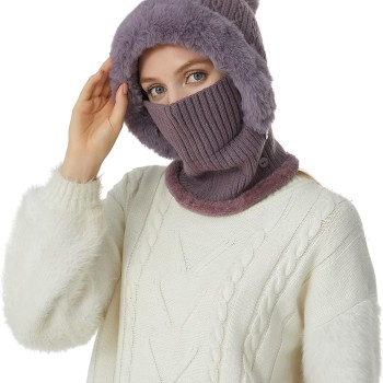 Women's Purple One-Piece Balaclava Beanie Scarf Winter Fleece Lined Ski Hat Cold Weather One Size